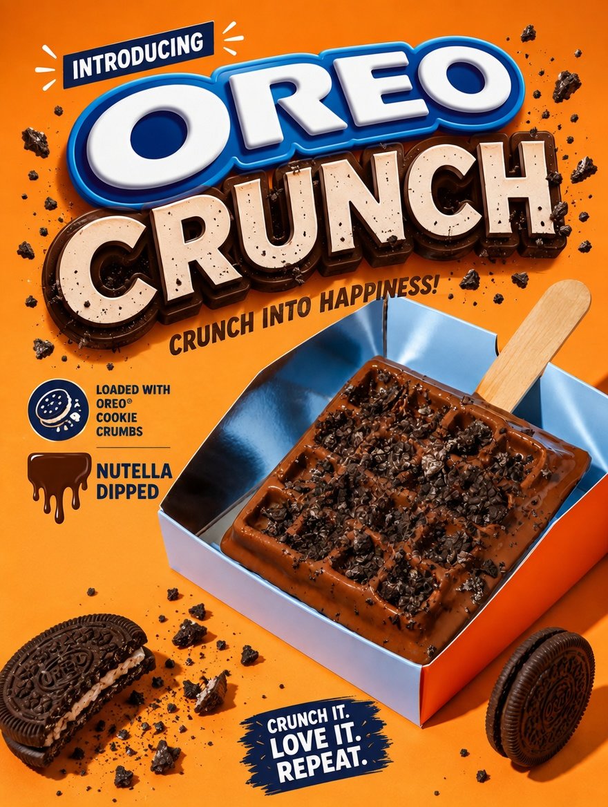 The Oreo Crunch — Belgian waffle on a stick dipped in Nutella with cookies and cream crumble